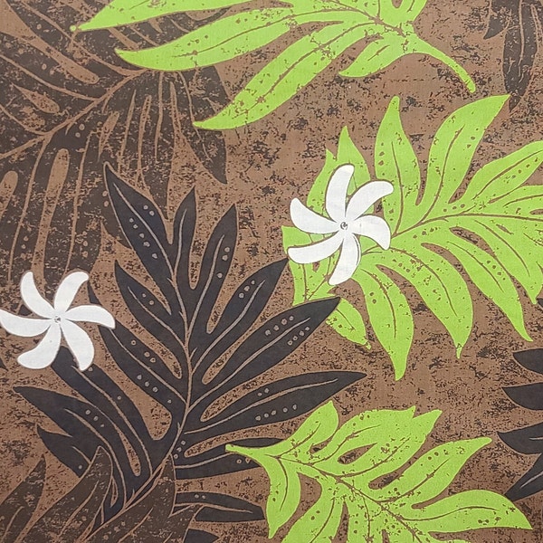 June Fabric from Hawaii - Light Brown Fabric / Dark Brown and Bright Green Fern Leaf and White Flower Print - 65 Cotton/35 Poly