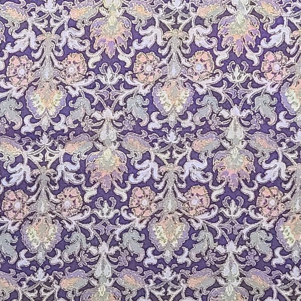 Light Purple Fabric / Pale Purple, Mauve, Lavender and Green Flower Print / Gold Metallic Outline