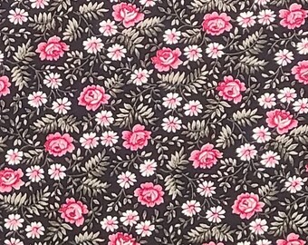 VIP Cranston Print Works - Black Fabric / Dark Pink, Light Pink and White Flower Print / Charcoal and Gray Leaves