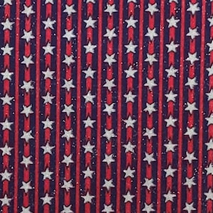 Fabric Traditions 1999 -Red and Dark Blue Stripe (Parallel to Selvage) Fabric / Silver Glitter Stars / Allover Silver Glitter