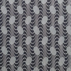 May include: A black and white patterned fabric with a repeating design of wavy lines and circles. The circles are a light gray color and the lines are white.