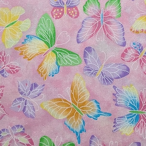Fabric Traditions 2008 - Pink Tonal Fabric / Bright Pastel Butterfly Print / Allover Iridescent Glitter