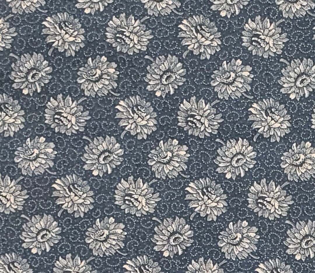 EOB General Fabrics Company Colonial Blue Fabric / White Flowers With