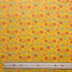 Lollipop by Sandy Gervais for Moda Pattern 17553 Dark Yellow Fabric / Red, Orange and Green Lollipop and Dot Print image 2