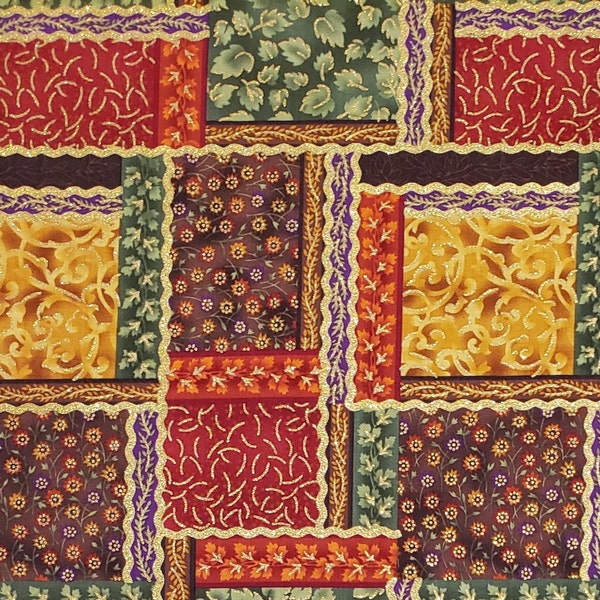 Fabric Traditions 2007 - Jewel-Tone Purple, Red, Green & Brown Patchwork Print Fabric/Gold Metallic "Ric Rac" Around Patchwork/Gold Accents