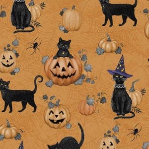 Meow-Gical Night Michael Davis Licensed To WP Pattern 96474-898 - Orange Fabric | Orange Spider Web, Jack O Lantern, Pumpkin, Cat Print