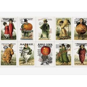 Pu&ograve; includere: Una collezione di illustrazioni vintage a tema Halloween. Ognuna presenta un frutto o una verdura personificata, come una zucca o una mela, vestita con abiti d'epoca. Le illustrazioni hanno un'estetica vintage.