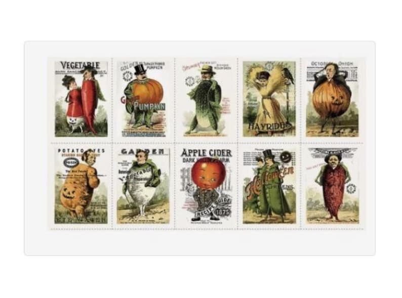 Pu&ograve; includere: Una collezione di illustrazioni vintage a tema Halloween. Ognuna presenta un frutto o una verdura personificata, come una zucca o una mela, vestita con abiti d'epoca. Le illustrazioni hanno un'estetica vintage.