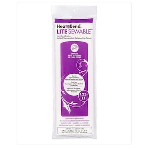 May include: A package of HeatnBond Lite Sewable iron-on adhesive. The white package has a purple center with product information and measurements of 17 inches by 1.25 yards by 43 cm by 1.1 m. The product is for lightweight fabrics and machine applique.