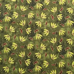 CP31122 Polynesia Linear Petals Legacy Studio-Medium and Dark Olive Tonal Fabric/Light Green & Dark Red Petal Print/Gold Metallic Accents