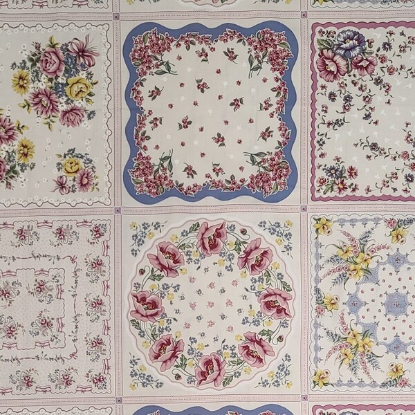 Hooked on Hankies by RJR Fabrics - Ecru Fabric / Vintage Handkerchief Blocks (~12"x12") - Double Flower Border Fabric