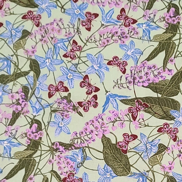 Marion Chapman M&S Textiles Australia - Mint Green Fabric / Dark, Light Purple, Medium, Light Blue Flower Butterfly Print / Gold Met Accents