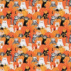 The Boo Crew 28202-54 Orange Multi Peek Pumpkins by Northcott Studio - Orange, Black, White, Gray Packed Pumpkin, Cats in Costumes
