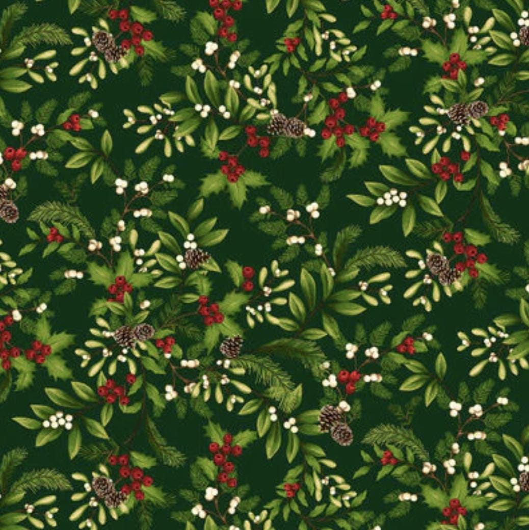 Winter Garden by Color Principle for Henry Glass & Co Patt #2829-66 - Dark Green Fabric / Tonal Green Holly Leaf / Mistletoe, Pinecone Print
