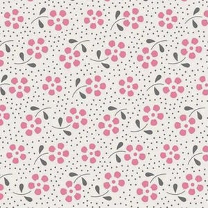May include: A repeating pattern of pink flowers and gray leaves on a cream background. Small black dots are scattered throughout the design. The flowers have five petals and are evenly spaced.