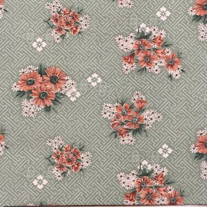 Pale Green Fabric with Geometric Maze Background / White and Coral Daisy Pattern image 2