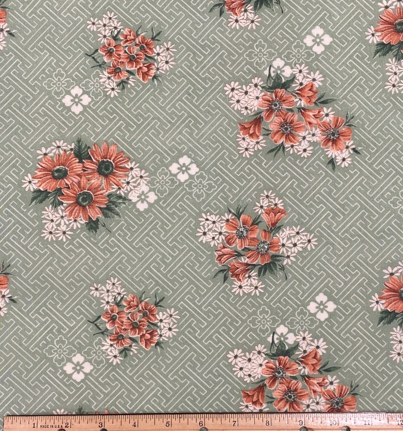 Pale Green Fabric with Geometric Maze Background / White and Coral Daisy Pattern image 2