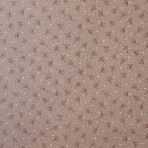 May include: A fabric with a repeating pattern of small, stylized sprigs in shades of burgundy and white, scattered across a muted taupe background. The design creates a delicate, all-over floral effect, suitable for various craft projects.