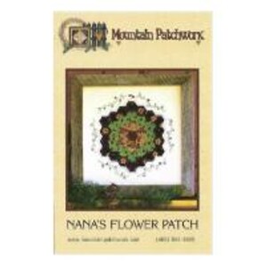 May include: A framed cross-stitch pattern featuring a green, brown, and black flower design. The title of the pattern is "Nana's Flower Patch".