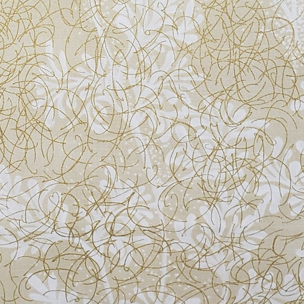 Paint Box by Lonni Rossi for Andover Fabrics Pattern #3541 - Tan Fabric with Large White Vine Print and Gold Metallic Accents