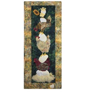 May include: A decorative fabric panel featuring a whimsical design of chickens balancing on eggs. The chickens are various colors, and the background is a mix of green and gold. A sunflower is at the top.