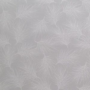 May include: A white fabric with a repeating pattern of white pine needles on a light gray background.