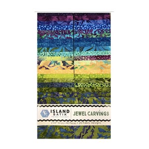May include: A pack of 2 1/2 inch fabric strips in a variety of jewel tones and patterns. The pack contains 40 pieces and 20 different designs. The pack is labeled "Island Batik Jewel Carvings".