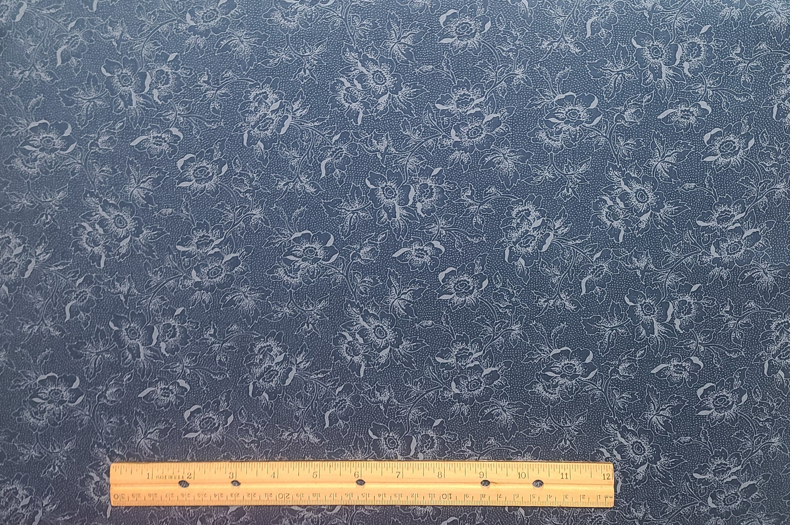 Fabric Country - Dark Colonial Blue Fabric / Tone-on-tone Flower Print ...