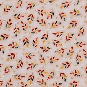602 Fancy Cats Leaves Makower UK - Cream Fabric / Rust, Maroon, Gold, Dark Green Leaf Print / Gold Metallic Accents and Dots