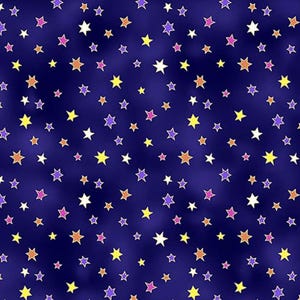 May include: A dark blue fabric with a repeating pattern of colorful stars. The stars are in shades of yellow, orange, pink, purple, and white. The stars are of varying sizes and are scattered across the fabric.
