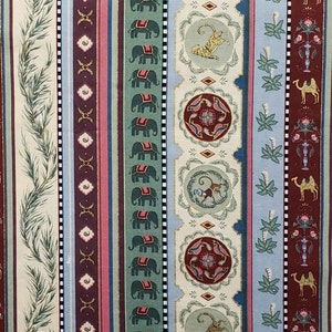 Border Stripe Vintage Fabric / Green, Blue, Plum, Burgundy, Rose / Elephant, Tiger, Monkey / Gold Metallic Accents
