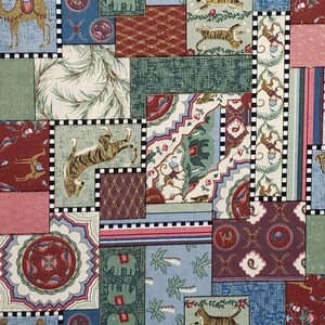 May include: A colorful patchwork fabric with a repeating pattern of animals, plants, and geometric shapes. The fabric features a variety of colors, including blue, green, red, and brown.