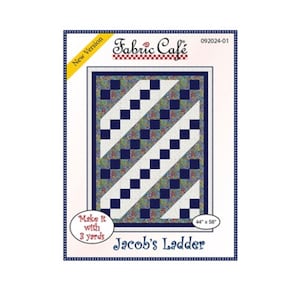 May include: A quilting pattern for a quilt called "Jacob's Ladder". The pattern features a diagonal design with white and navy blue squares. The pattern is 44 inches by 58 inches and requires 3 yards of fabric.