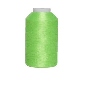 May include: A spool of bright green thread, tightly wound and cylindrical in shape. The thread is a vibrant, solid color, and the spool has a white top. This thread is likely used for sewing, embroidery, or other textile crafts.