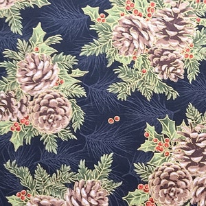 Evergreen Bows by Maywood Studio Pine Cone - Black Fabric / Gray Pine Bough Background / Pine Cones on Beds of Green Holly and Pine Bough