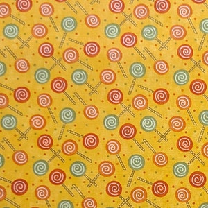 Lollipop by Sandy Gervais for Moda Pattern 17553 Dark Yellow Fabric / Red, Orange and Green Lollipop and Dot Print image 1