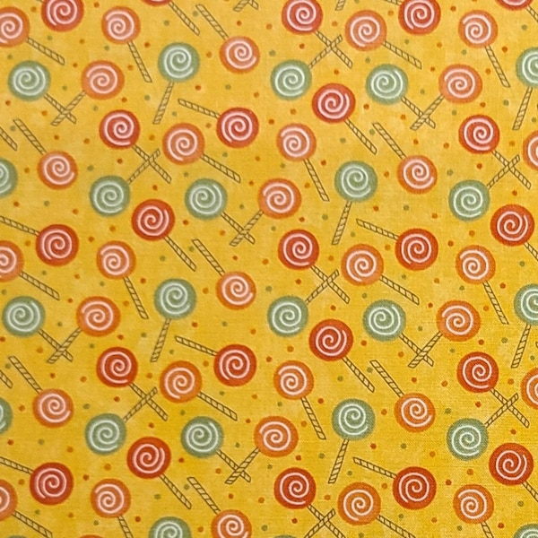 Lollipop by Sandy Gervais for Moda Pattern #17553 - Dark Yellow Fabric / Red, Orange and Green Lollipop and Dot Print