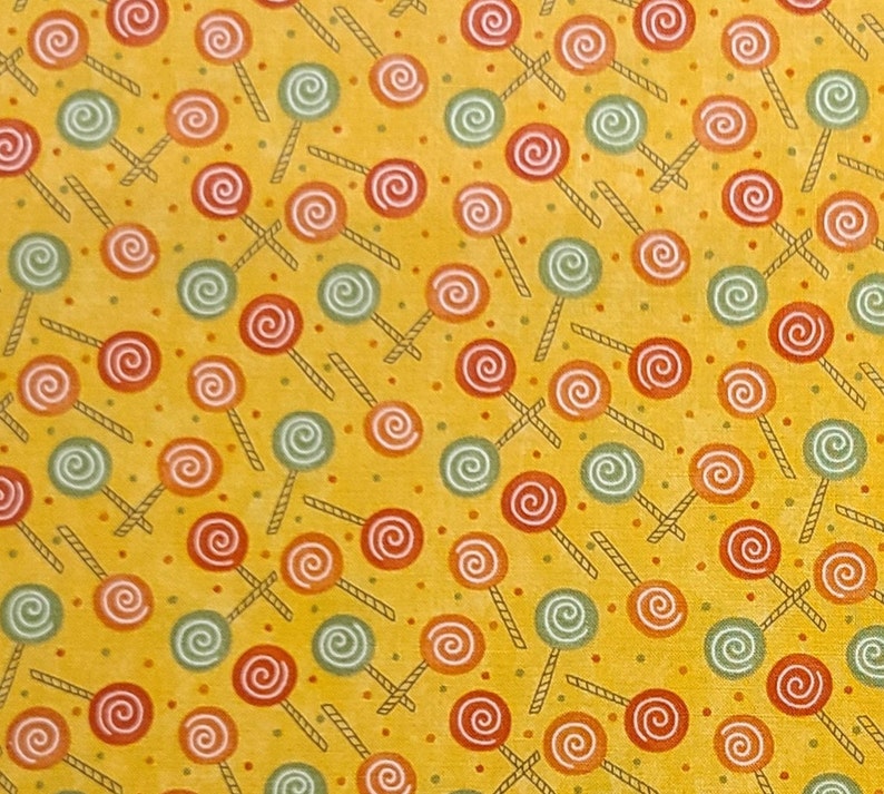 Lollipop by Sandy Gervais for Moda Pattern 17553 Dark Yellow Fabric / Red, Orange and Green Lollipop and Dot Print image 1