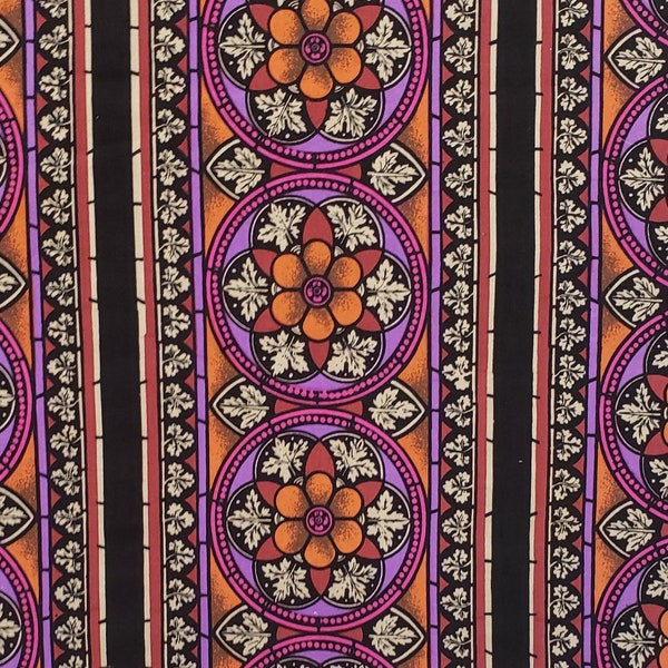 Mary Ellen Hopkins - Black Fabric / Rust, Purple, Orange Pattern - 42" WIDE FABRIC - Selvage only on one side