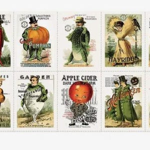 Pu&ograve; includere: Una collezione di biglietti vintage a tema Halloween. Ogni biglietto presenta una verdura o un frutto personificato, come una zucca, una mela e una carota, con testi come "Vegetable" e "Apple Cider". Le illustrazioni hanno un'estetica classica e antica.
