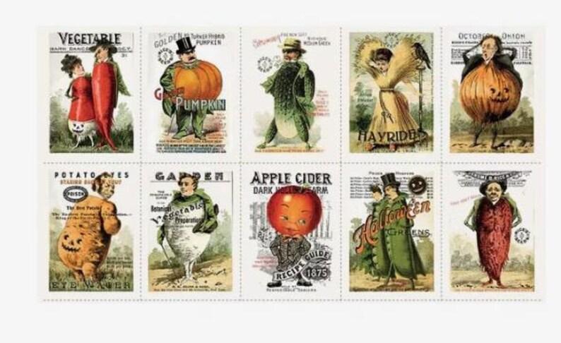 Pu&ograve; includere: Una collezione di biglietti vintage a tema Halloween. Ogni biglietto presenta una verdura o un frutto personificato, come una zucca, una mela e una carota, con testi come "Vegetable" e "Apple Cider". Le illustrazioni hanno un'estetica classica e antica.