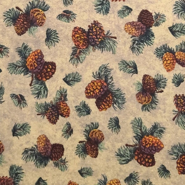 FLANNEL - Northern Journey #F6543 by Adrienne Yorinks Lyndhurst Studios - Gold Tonal Fabric / Brown and Green Pinecone Print