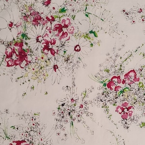 Keepsake Calico JoAnn Fabrics - White Fabric / Raspberry, Bright Green and Black Watercolor Bouquet Print