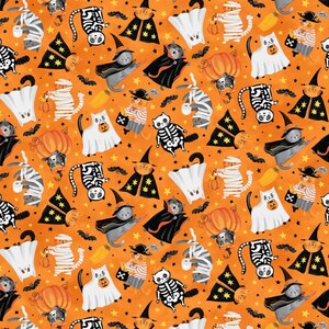 The Boo Crew 28201-54 Boo Crew Toss Orange Multi by Northcott - Orange Tonal Fabric / Orange, Black, White, Gold Cats in Costumes, Star, Bat