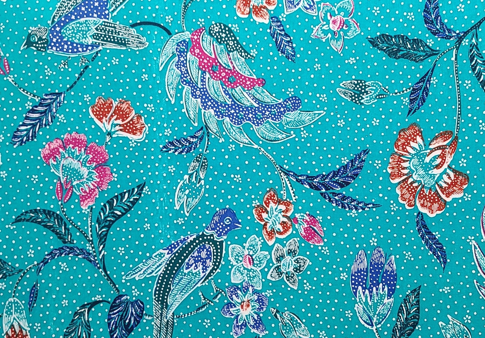 Teal White Raspberry Teal Fabric / Purple, Rust, Black, Raspberry Bird and Flower Print ...