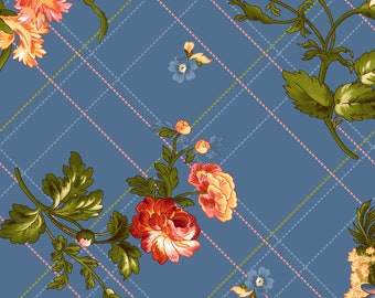 EOB - Belle Epoque by Maywood Studio - Bias Plaid Floral - Blue - French Colonial Blue / Coral / Peach Floral Print / Bias Plaid Fabric