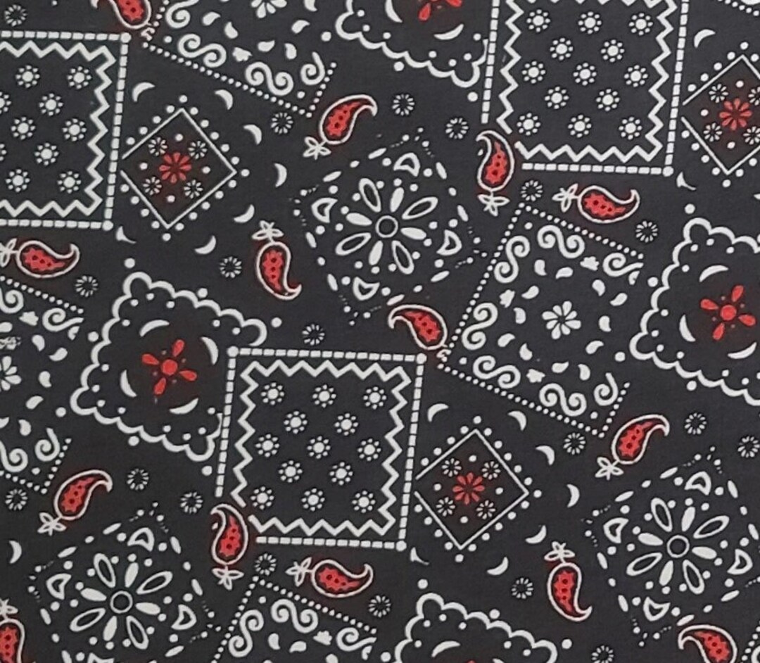Marshall Dry Goods Co Blazing Bandana Black Fabric With White and Red