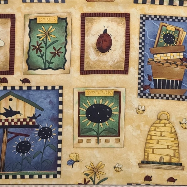 Debbie Mumm for SSI - Butterscotch Tonal Fabric / Garden Themed Patches / Country Blue, Red, Green and Black