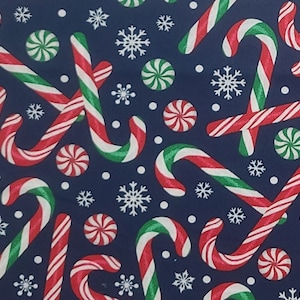 Navy Fabric / Red, White and Green Candycane and Peppermint Mint Candy Print / White Snowflakes