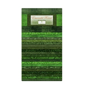 May include: A fabric bundle titled "Emerald Forest" featuring 40 fabric gems. The bundle showcases various shades of green, from light to dark, with different patterns and textures. The top section has a label with the title.